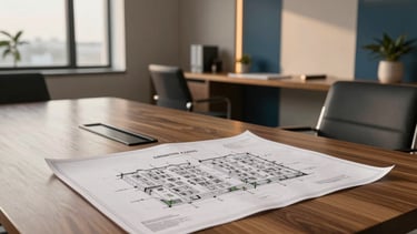 A clean, high-definition photograph of a sophisticated real estate consultancy office in Noida. The scene features a sleek wooden meeting table with architectural blueprints of a residential complex spread out. A professional South Asian environment with modern steel blue and taupe accents, warm evening lighting streaming through large windows, and a professional, trustworthy atmosphere.