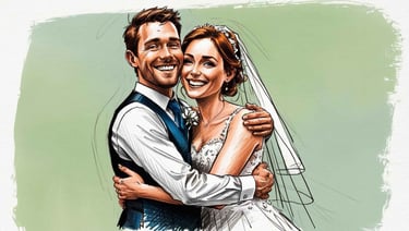 A bride and groom pose together in a wedding portrait, radiating happiness in their formal wedding attire.