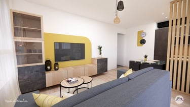 Salon moderne mobilier noir et bois et peinture jaune