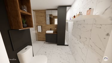 Salle d'eau matériaux marbre et bois, mobilier gris anthracite