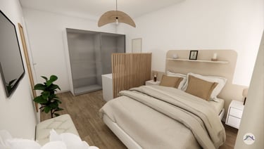 Chambre avec espace nuit, coin bureau et dressing