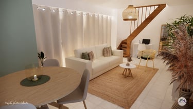 Salon moderne canapé beige tapis en jute 