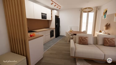 Aménagement cuisine beige et claustra de separation