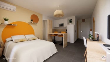 Chambre airbnb tete de lit couleur de couché de soleil, mange debout avec penderie intégrée