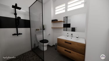 Salle d'eau sol carrelé gris anthracite et mobilier bois avec étagère de rangement