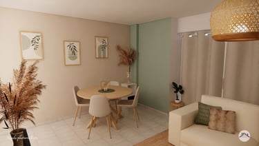 Espace salle à manger couleur beige et vert