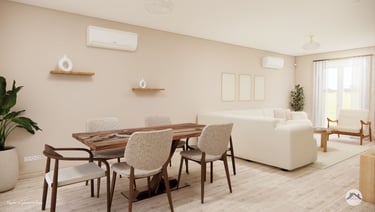 séjour-salle à manger minimaliste et intemporel,  table en epoxy et espace tv avec grand canapé