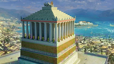 Reconstrução artística do Mausoléu de Halicarnasso com base retangular, colunas jônicas,.