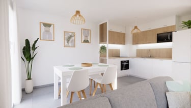 Cuisine blanche et bois cadre déco et plante