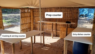 Kitchen prep, serving, and cleaning area at Miggo's exclusive use campsite at Kosi Bay Mouth
