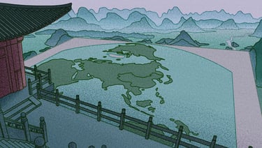 illustration of a world map in a Chinese landscape