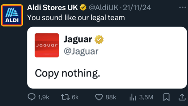 Tweet from Jaguar saying "Copy nothing," with Aldi UK replying, "You sound like our legal team," and engagement stats visible