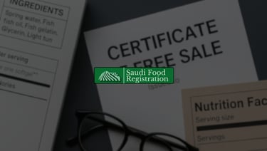Certificate of Free Sale on desk with glasses, symbolizing SFDA CFS approval and Saudi Food Registration services.