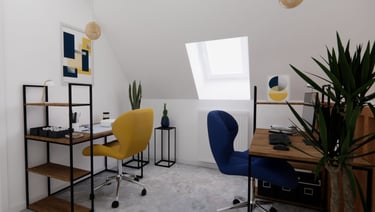 Aménagement d'un espace bureau styke industriel et couleurs peps jaune et bleu électrique