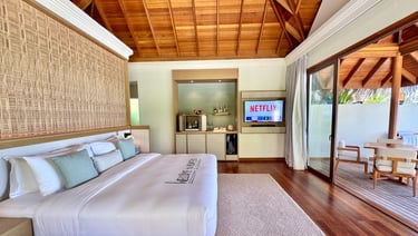Huvafen Fushi Maldives deluxe beach bungalow with pool bedroom