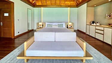 Huvafen Fushi Maldives lagoon bungalow with pool bedroom