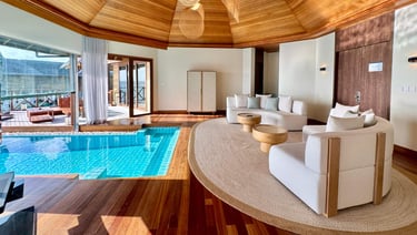 Huvafen Fushi Maldives two bedroom ocean pavilion with pool living room
