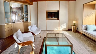 Huvafen Fushi Maldives ocean pool bungalow living room