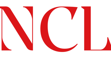 a red and black logo with the words ncl