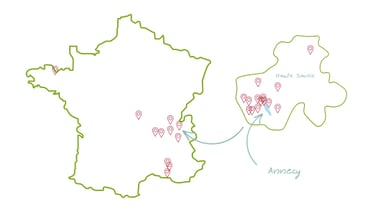 Carte de la France et du département de haute Savoie avec pins des producteurs