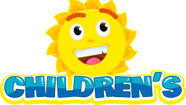 logotipo childrens em escrita estilo de ondas do mar, com um sol sorridente por trás