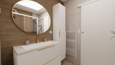 Salle d'eau rénovée avec revetement carrelage effet bois, mobilier blanc laqué et robinetterie or