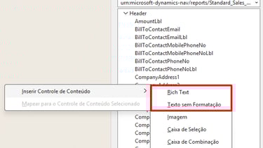 Microsoft Word XML Mapping pane showing content control options for Dynamics NAV report fields.