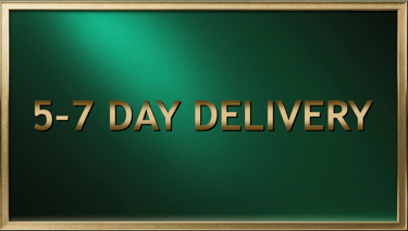 Gold 5-7 day delivery text on a green textured background with a metallic gold frame.