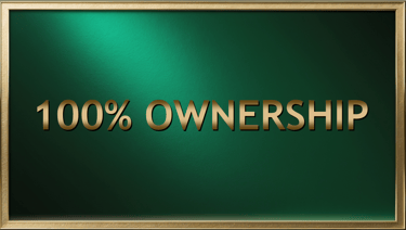 Elegant green textured background featuring gold 100% ownership text within a gold frame.