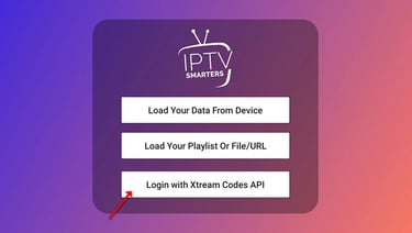 IPTV Smarters Pro login screen highlighting the Login with Xtream Codes API option.