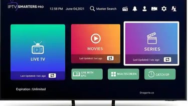 IPTV Smarters Pro dashboard on a smart TV displaying Live TV, Movies, and Series options.
