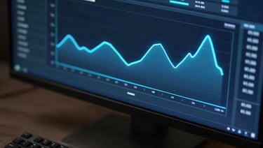 Tight overhead crop of a glowing analytics dashboard on a dark monitor, electric blue data curves visible mid-screen, single keyboard edge in lower frame, cool LED ambient light, high contrast