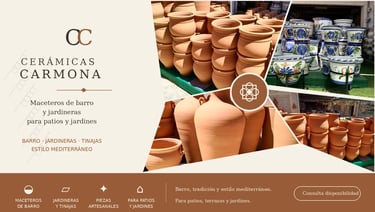 Assortment of handmade Mediterranean-style clay pots, planters, and tinajas from Cerámicas Carmona, perfect for patios and