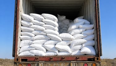 A metal cargo container loaded with stacked white polypropylene sacks for industrial logistics and transport.