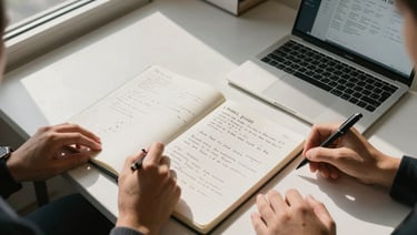 Wide-angle overhead shot of a strategy session in progress — a large open notebook with handwritten notes beside a laptop showing a social media calendar, natural window light falling across the desk surface, two sets of hands visible mid-annotation