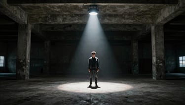 High-contrast wide anamorphic cinematic still of a lone figure standing under a single moody tungsten spotlight in a dark, empty concrete warehouse, heavy shadows.