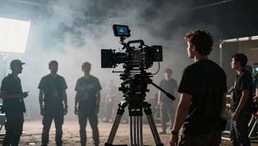 High-contrast wide anamorphic cinematic still of a film set in low light, smoke machine haze, silhouettes of crew members behind a large heavy camera setup.