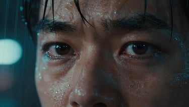 High-contrast wide anamorphic cinematic still showing intense human tension, extreme close-up of eyes reflecting cold neon lights in a rainy night environment.