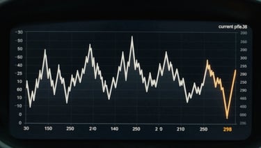 Dark dashboard UI mockup showing a price history line chart on a near-black panel, x-axis spanning 90 days, y-axis showing dollar amounts, a jagged white line tracing price movement with one sharp drop highlighted in amber at the rightmost data point labeled 'current price', minimal grid lines in dark gray, no text labels