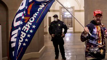 peaceful protester with a flag standing next to a police officer in the capitol not violent