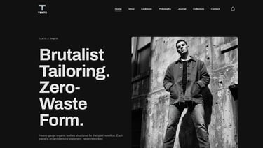 A man wearing a brutalist denim jacket and jeans posing against a concrete wall for Tekto fashion.