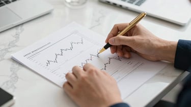 Close-up of professional hands analyzing financial charts and structured tax documents on a clean marble desk, soft natural daylight, gold pen