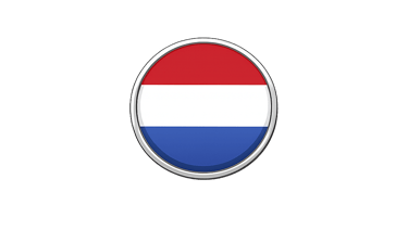 A circular glossy badge featuring the red, white, and blue flag of the Netherlands on a black background.