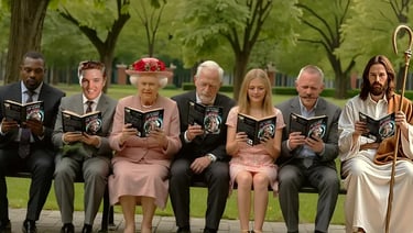 Group of individuals sitting on park bench reading The Meaning(s) of Your LIFE!