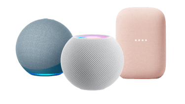 Smart Speakers, Amazon Echo Dot in Grey, Apple HomePod Mini in White, Google Nest Audio in Pink