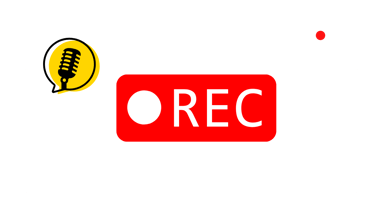 Video recording screen overlay with a red REC button, a recording indicator, and a yellow podcast microphone icon.