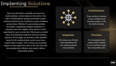 AI implementation tailored to business needs, integrating automation and intelligent assistants.