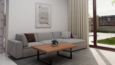 a living room with a couch and a table