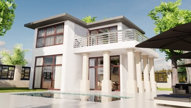 a house with a pool and a patio umbrella