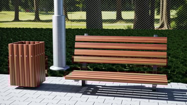 a wooden bench with a trash canister and lighting pole